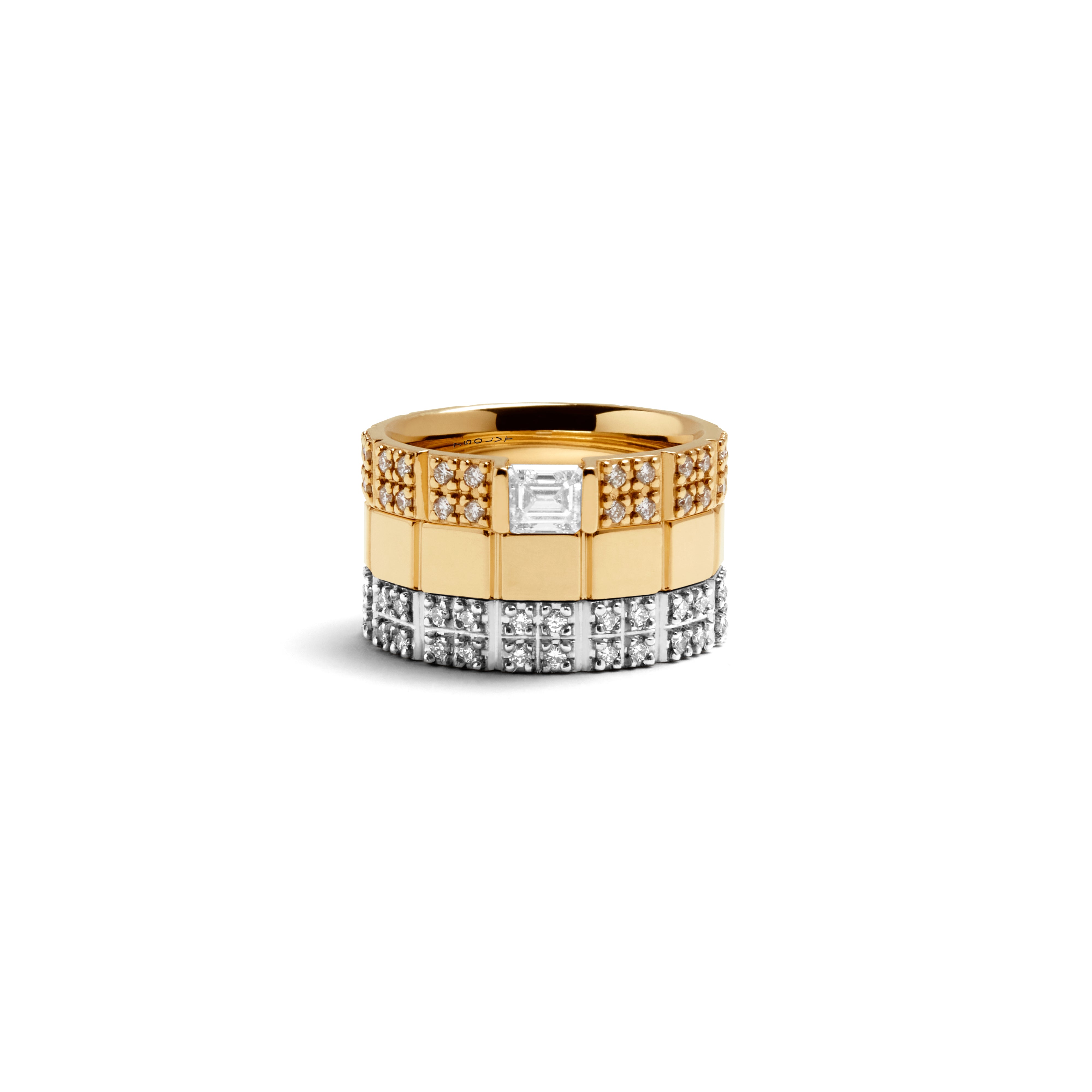 TILE RING FOUR STACK EMERALD CUT DIAMONDS